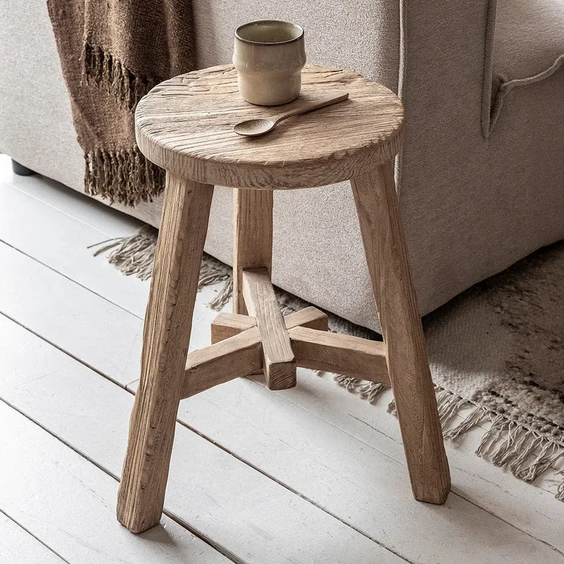 Vintage Elm Wood Round Stool