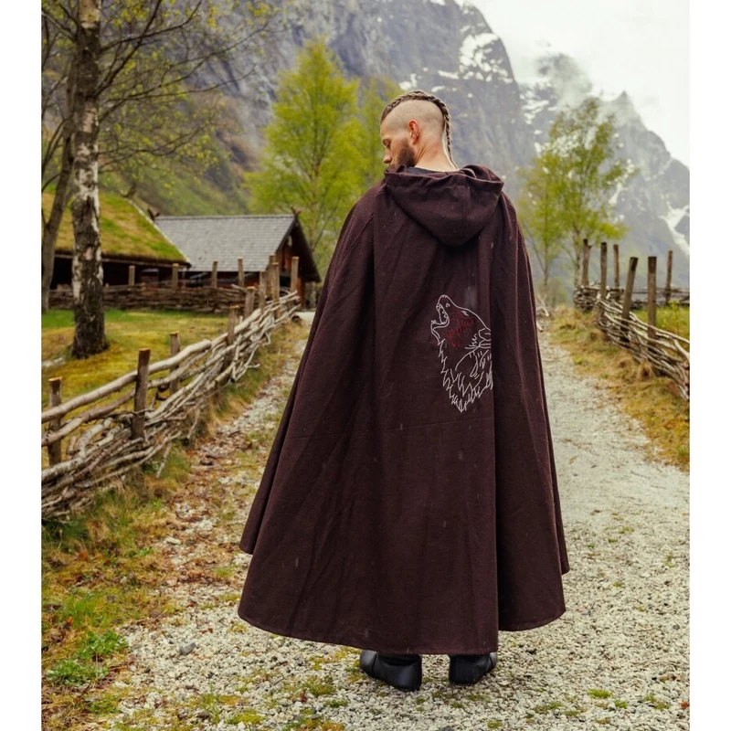 Mittelalter Wikinger Umhang Alpha mit Wolfsstickerei braun