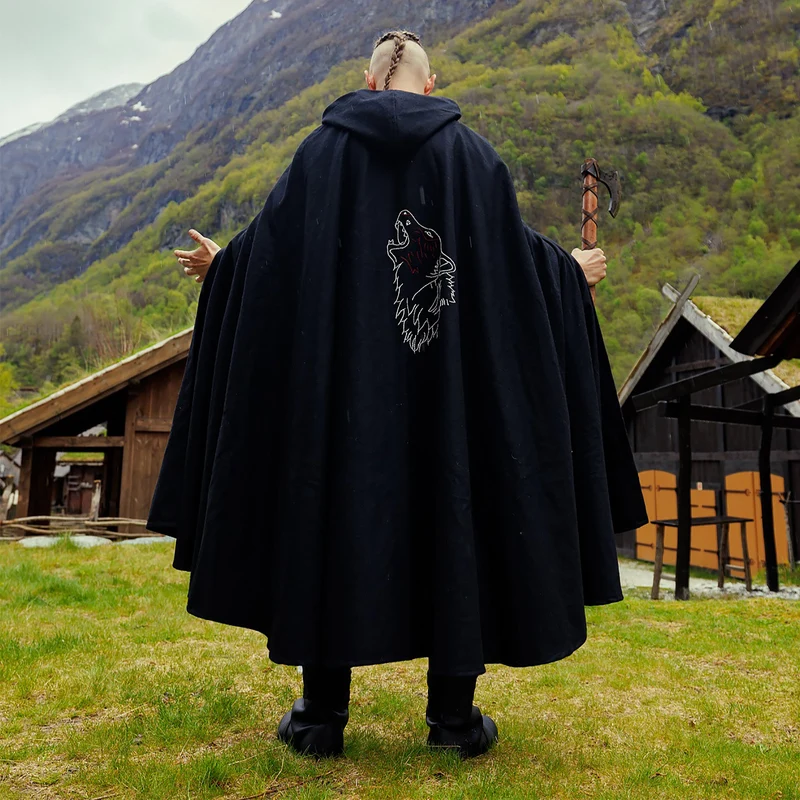 Mittelalter Umhang Alpha mit Wolfsstickerei schwarz